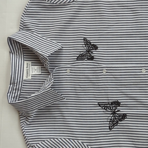 Country Store Striped Embroidered Butterfly Button Down Blouse 1X Gray White - Picture 10 of 16